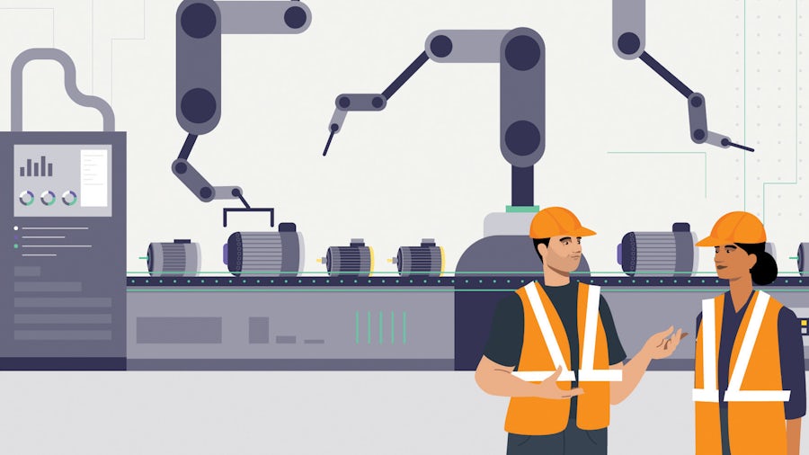 Un dibujo por ordenador de dos ingenieros hablando en la planta de una fábrica inteligente que utiliza soluciones de fabricación inteligente.