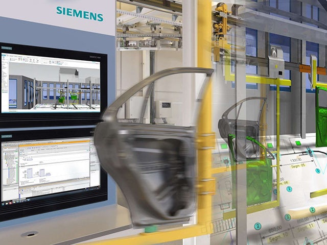 Virtual commissioning of an automobile door assembly line using Siemens 3D simulation model and PLC programming software.