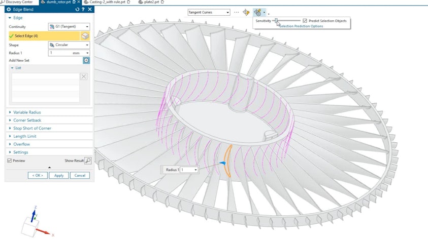 Designcenter NX CAD Edge Blend command box open on a dumb rotor part design. User is adjusting 