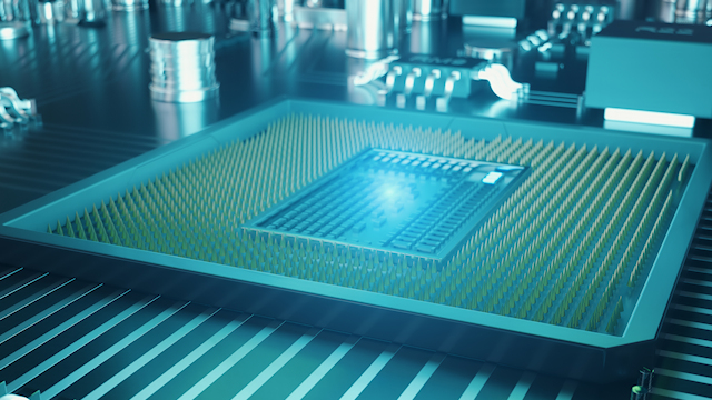 Image of a Computer Processing Unit mounted on a motherboard.