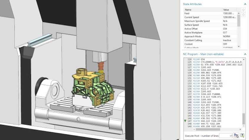 Immagine di un pezzo su una macchina utensile con codice di programma mostrato nel software NX Machining Line Planner.