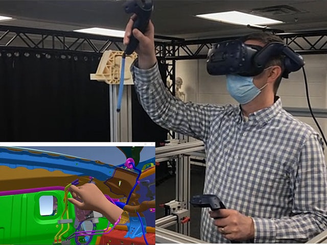 Ergonome de General Motors portant un casque de RV pour effectuer un examen immersif des simulations humaines dans le logiciel Process Simulate Human.