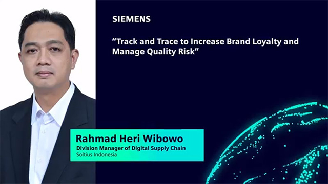 Presentation slide of Rahmad Heri Wibowo, with the text, "Track and trace to increase brand loyalty and manage quality risk"