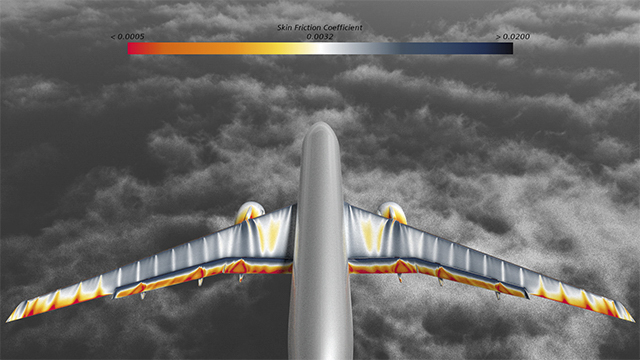 Top view of an aircraft displaying aerodynamic simulation results, highlighting the skin friction coefficient with a gradient color scale.