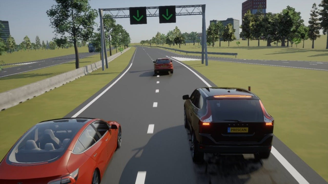Screenshot of autonomous driving simulation in Simcenter Prescan 