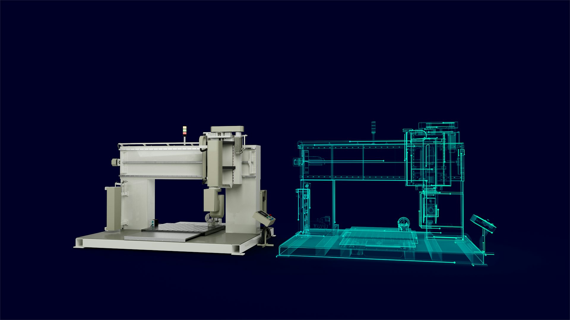 3D mock-up of a machine next to a wireframe of the same machine