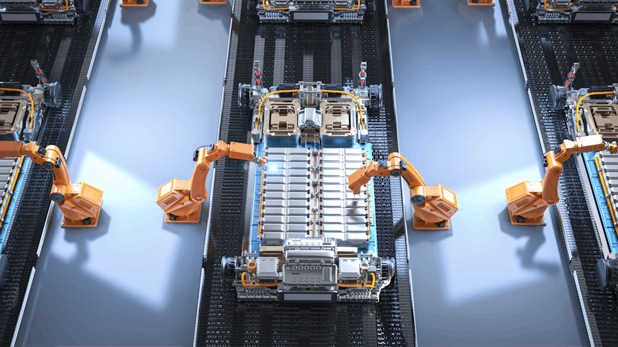 A high-tech production line showing automated battery production for electric vehicles