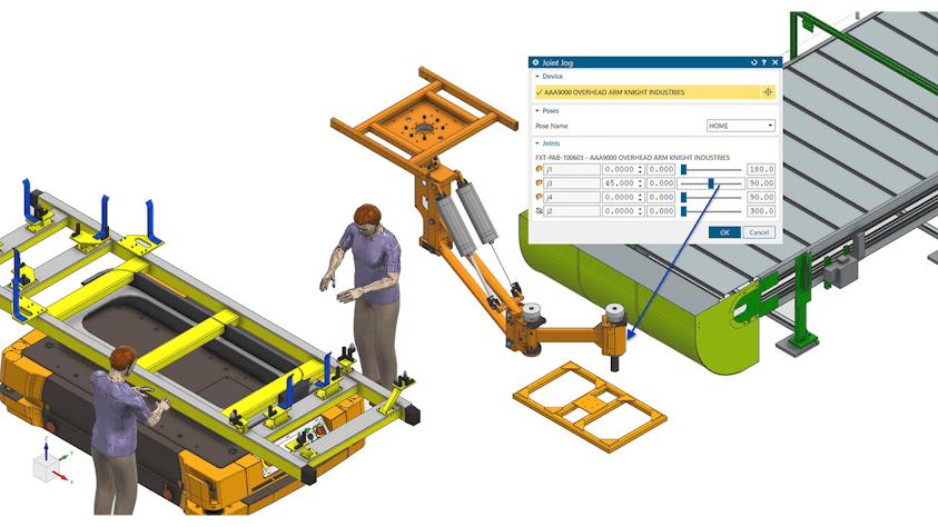 Assembly Line Planner X resource planning view showing workers, fixtures, and conveyors. Built-in layout tools and standard resource libraries enable quick setup of precise factory layouts with connectors and measurements.