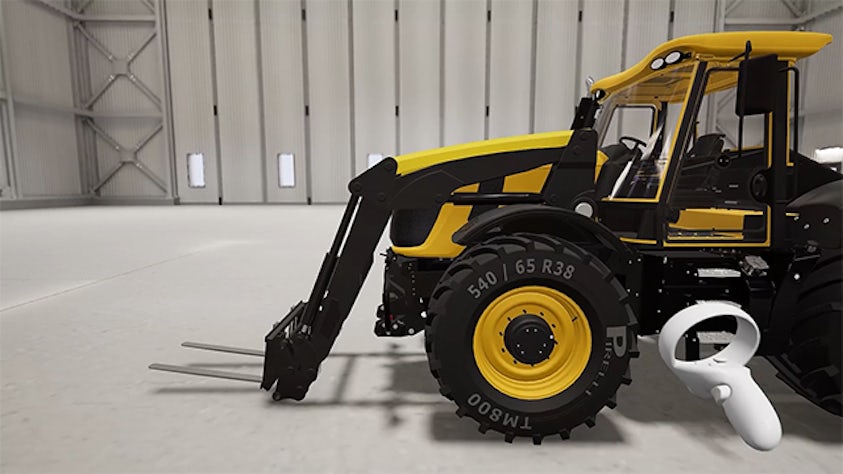 An immersive VR HD 3D rendering of a tractor design with arms attached in the NX Immersive Explorer module in NX CAD. There is a pointer remote indicating where the designer's hand is as they explore the design in an immersive experience.