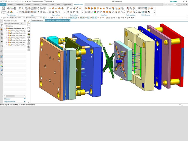 A window of NX software showing an exploded view of an injection mold design in NX Mold Wizard.