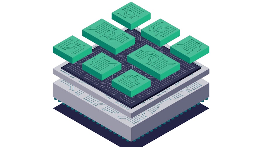 Stylized illustration of a 3D IC package with multiple chiplets