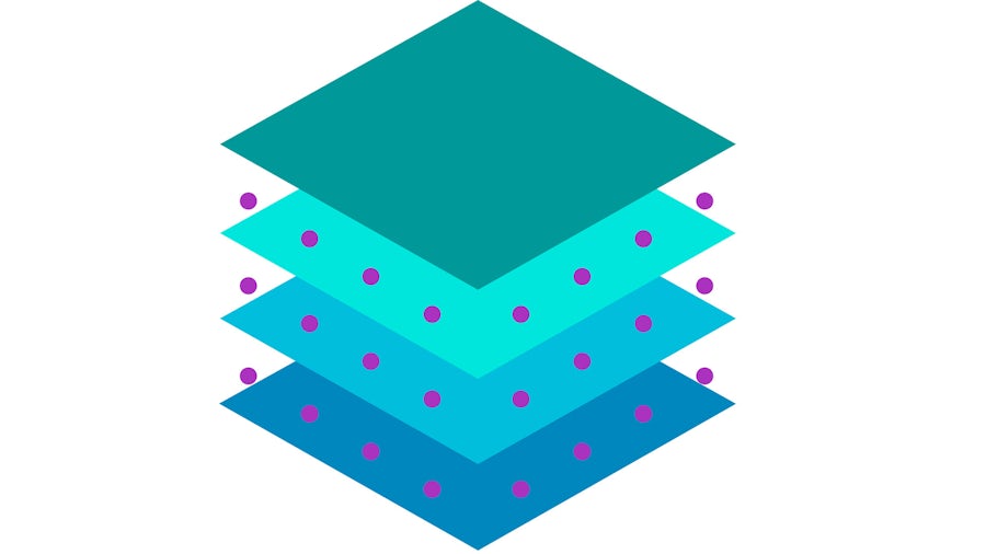 Stylized diagram of IC design layout, with stacked rectangles in multiple shades of blue representing layers and purple dots representing vias inserted using Calibre DesignEnhancer Via use model.