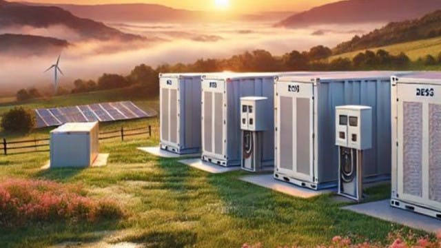 해질녘 재생 에너지 효율을 위한 배터리 에너지 저장 시스템을 갖춘 태양광 발전소가 산에 세워져 있습니다.