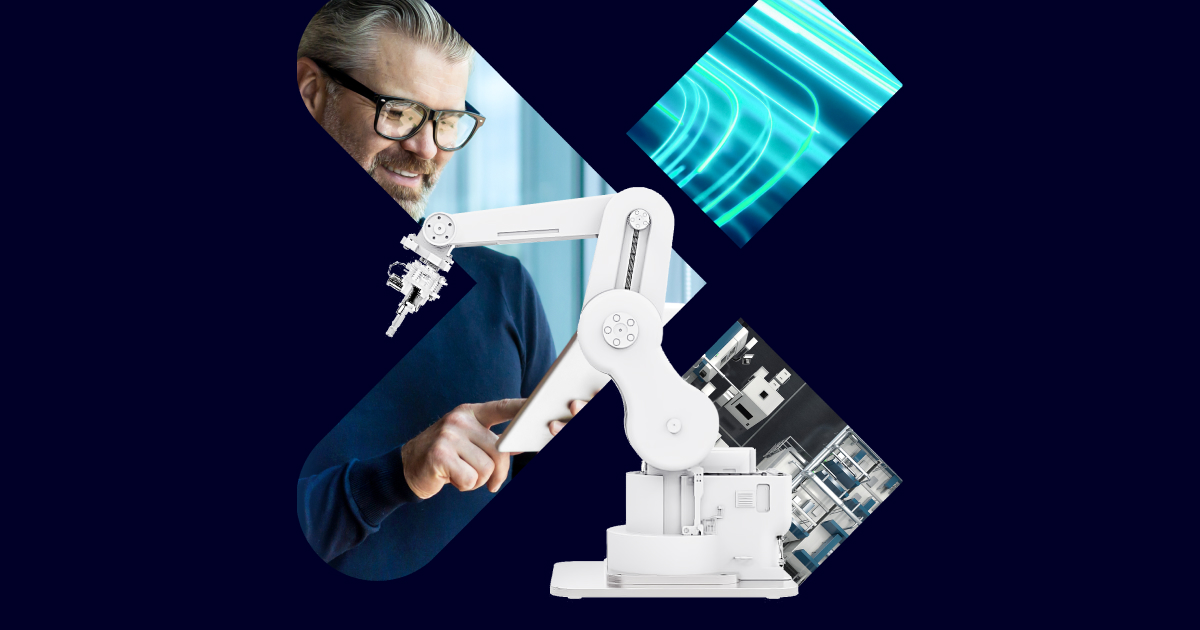 태블릿을 보고 있는 남자의 이미지와 Siemens Xcelerator 'X'의 중첩된 이미지 'X' 위에 로봇 팔이 중첩되어 있습니다.