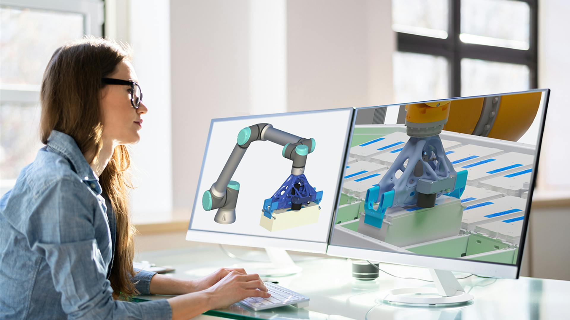 An engineer looks at robot gripper images on dual computer monitors