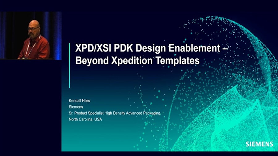 Title slide from User2User 2024 titled "XPD/XSI PDK Design Enablement – Beyond Xpedition Templates" presented by Kendall Hiles of Siemens. 