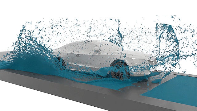CFD-Simulation (Computational Fluid Dynamics) eines Fahrzeugs mit der Software Simcenter SPH Flow.