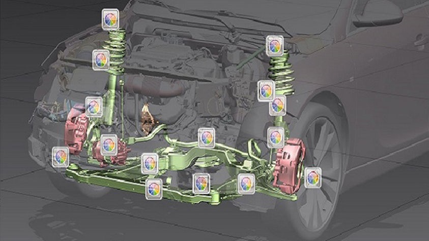 A 3D NX CAD model of a truck powertrain, from the radiator, to the engine, to the fuel tanks, and filler.