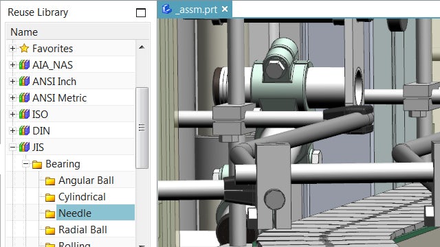 The NX Reuse Library with an assembly in NX for quickly adding standard parts.