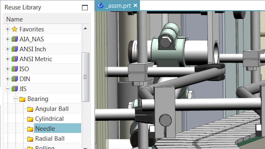 The NX Reuse Library with an assembly in NX for quickly adding standard parts.