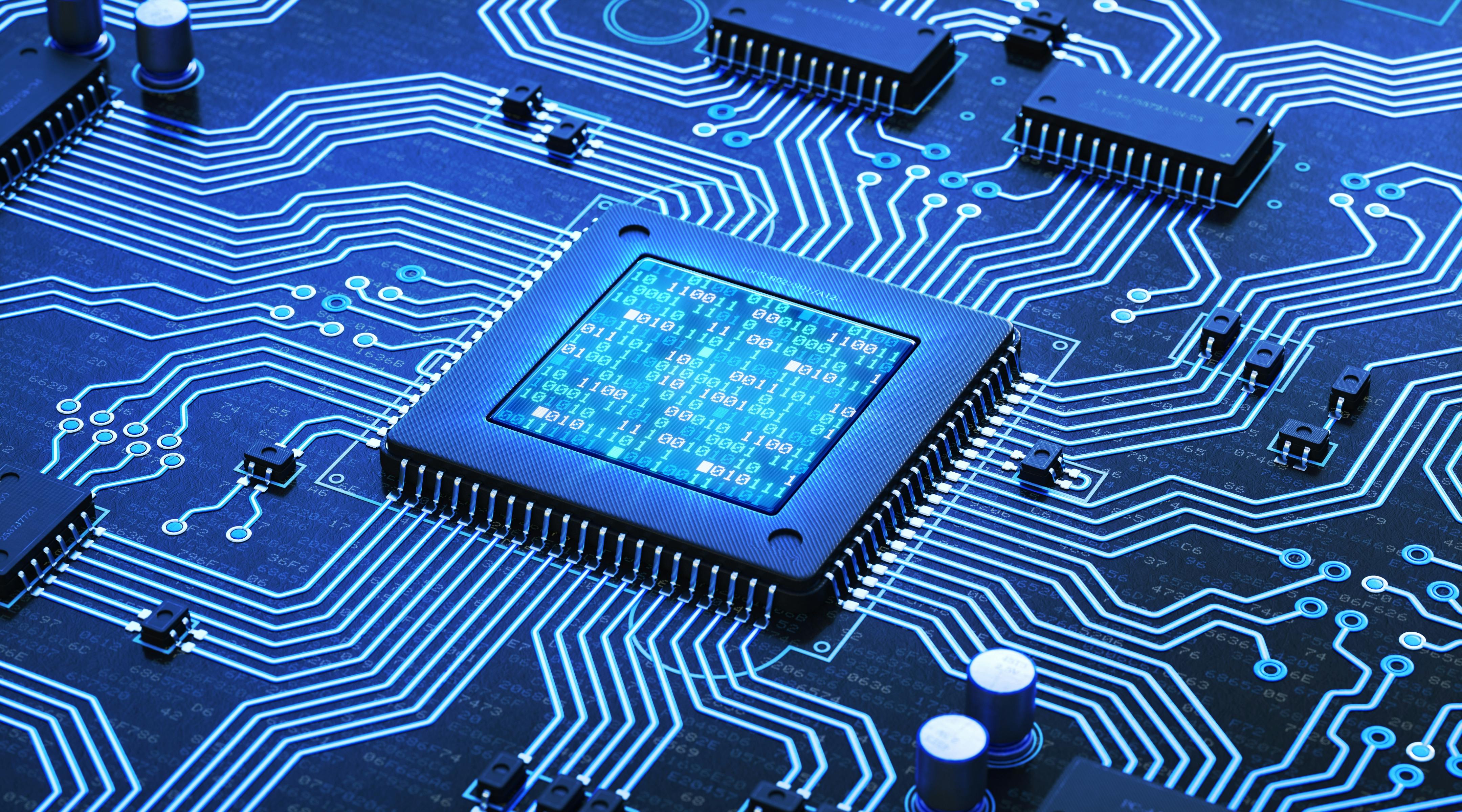 Blue futuristic circuit board for AI performance with binary numbers