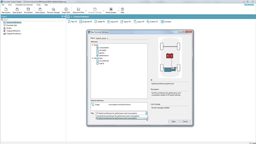 Ein Screenshot der Simcenter System Analyst-Software zeigt verschiedene Varianten.