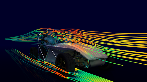 Fluid dynamics digital rendering showing air flow over and around a small, two-seater vehicle on a black background.