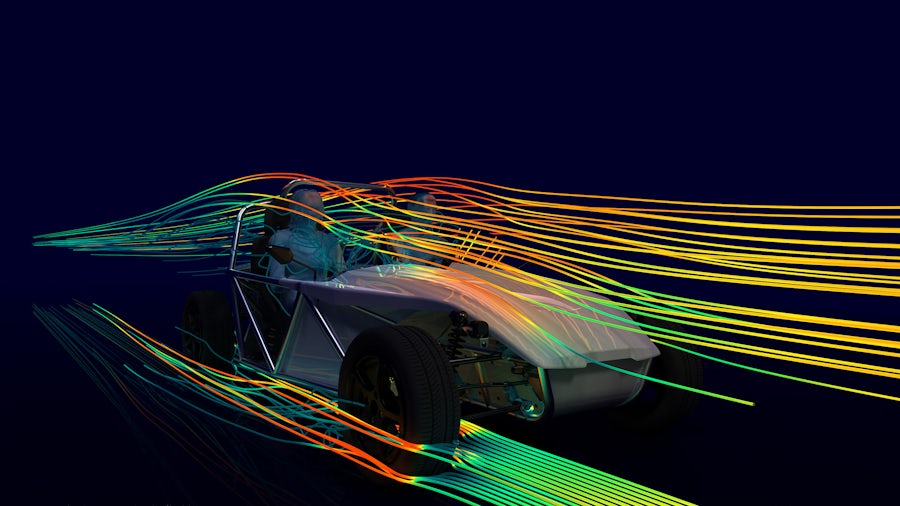 Fluid dynamics digital rendering showing air flow over and around a small, two-seater vehicle on a black background.