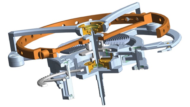 A cutaway view of the watch tourbillon cage and balance created using Solid Edge.