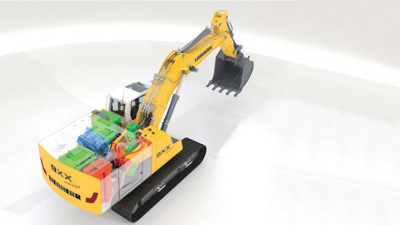 R 9XX concept, a Liebherr electro-hydraulic hybrid crawler excavator, demonstrates the energy recuperation technology. It has a fully integrated mechatronics system, including hydraulic, electric and energy management components.
