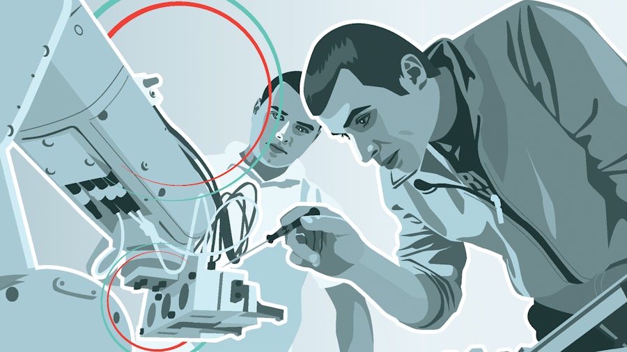 Imagen gráfica de dos ingenieros inspeccionando un componente de una máquina.