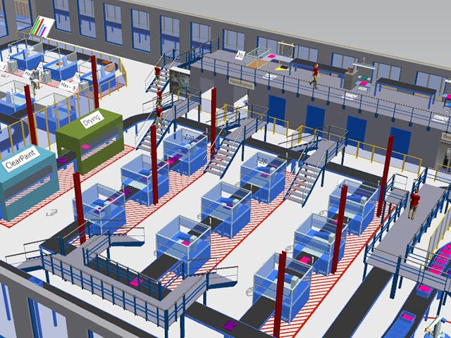 Modelo detallado de simulación de fábrica en 3D en el software Plant Simulation.