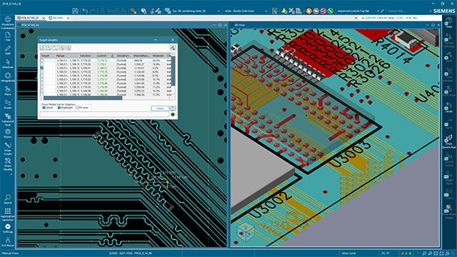 Siemens PCB software showing 2D/3D circuit board views and a data table.