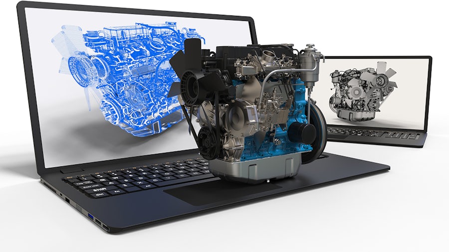 3D render a car engine representing engine and car development