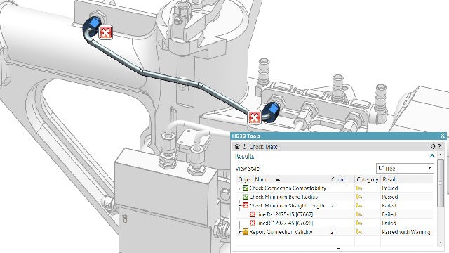HD3D NX Routing visual rule checks on a pipe run within a aero undercarriage assembly.