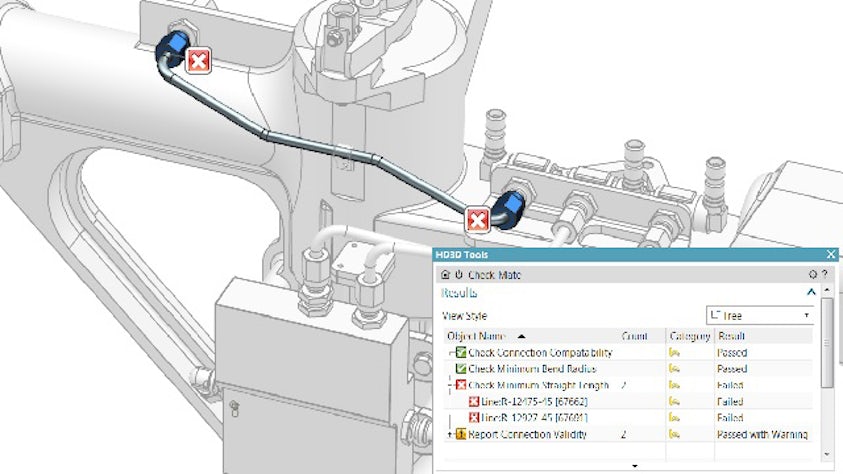 HD3D NX Routing visual rule checks on a pipe run within a aero undercarriage assembly.