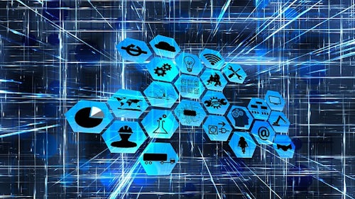 Blue hexagons contain icons representing success with IoT in industry, positioned in the center of a digital grid. 