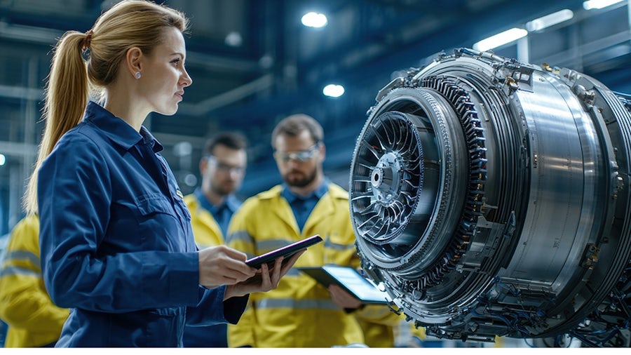 A technician examines an aircraft engine while colleagues observe, showcasing teamwork and technical expertise in an industrial setting.