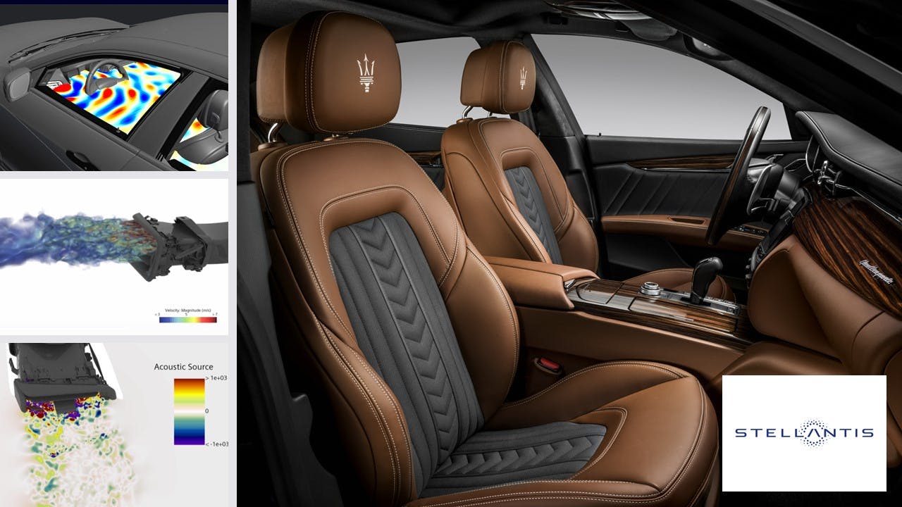 CFD 仿真屏幕截图旁边的汽车内部 3D 渲染图显示了座舱声学和热性能。