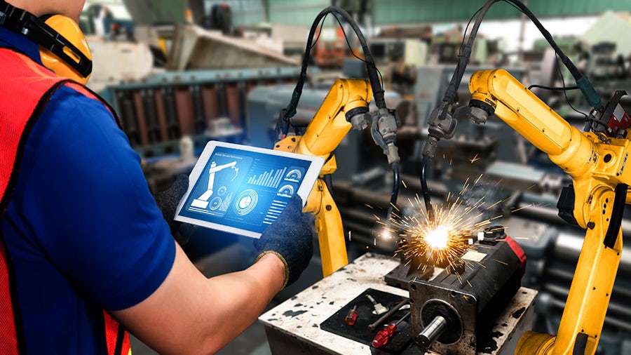 Smart industry robot arms for digital factory production technology showing automation manufacturing process of the Industry 4.0 or 4th industrial revolution and IOT software to control operation . 