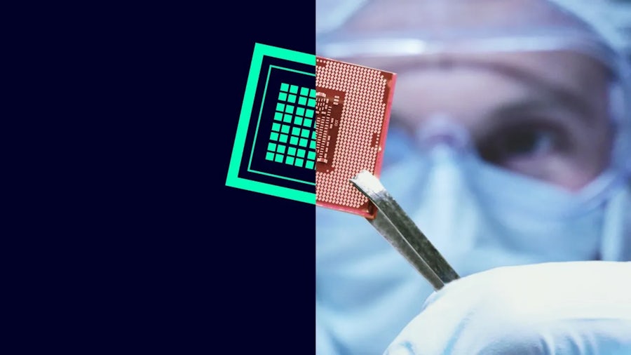 A lab engineer analyzes a semiconductor chip data, with the chip split into showing that the chip's physical and digital value.