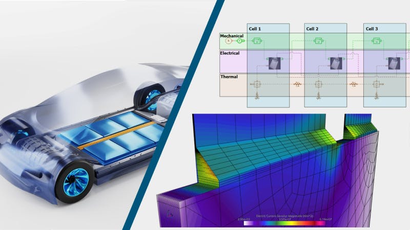 Siemens software screen showing its digital modeling abilities for advanced battery system during a webinar about the development and production of next-generation batteries.