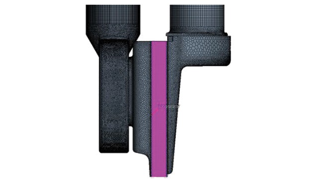Figure 2-2: Detail of ducting geometry surrounding the evaporator. Corresponding computational mesh is highlighted in purple.