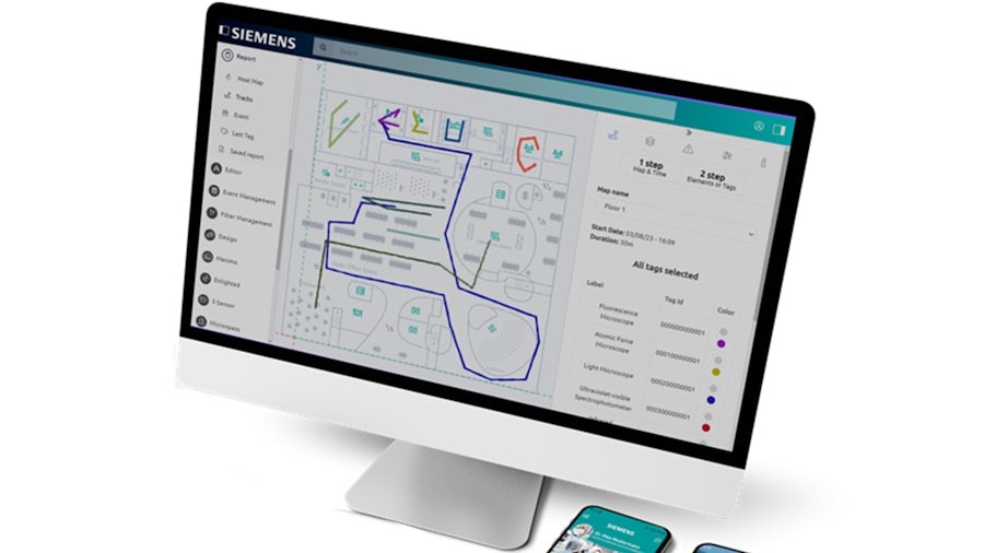 BlueGPS interface showing floor map and tag data on computer screen