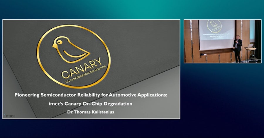 Presentation slide shows IMEC's Canary project for automotive semiconductors, featuring gold circular logo with bird design. Title describes on-chip degradation monitoring, with speaker inset.
