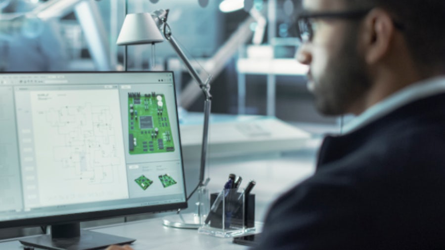 Engineer at a desktop workstation viewing electronics components in software used for model-based systems engineering (MBSE).