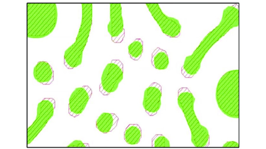 Image-based MRC clean-up, red shapes are before cleaning, and the solid green shapes are after cleaning.