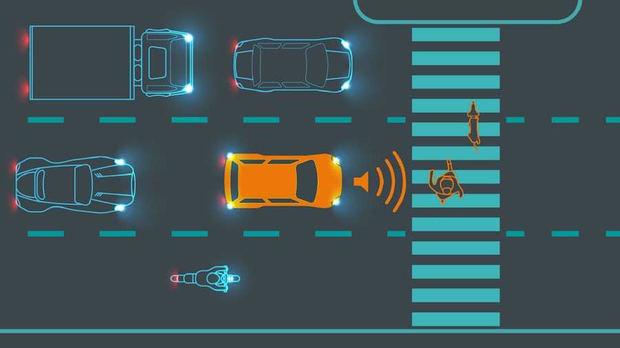A car with loudspeaker in front of pedestrian crossing - top view