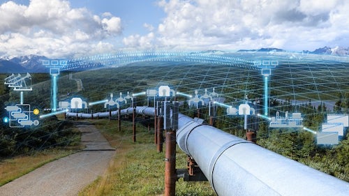 Pipeline extending across green field alongside a digital overlay showing connected digital assets while snow-capped mountains are in the background.