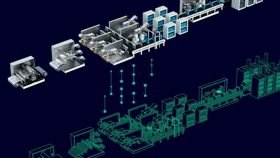 A digital representation of a battery manufacturing plant with stylized battery machines over green wireframes of the same machines. 